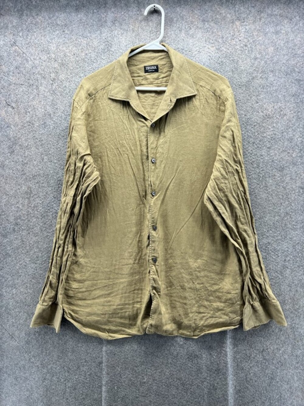 Zegna Shirt Men XL Green Solid Long Sleeve Button Up Linen Italy Casual